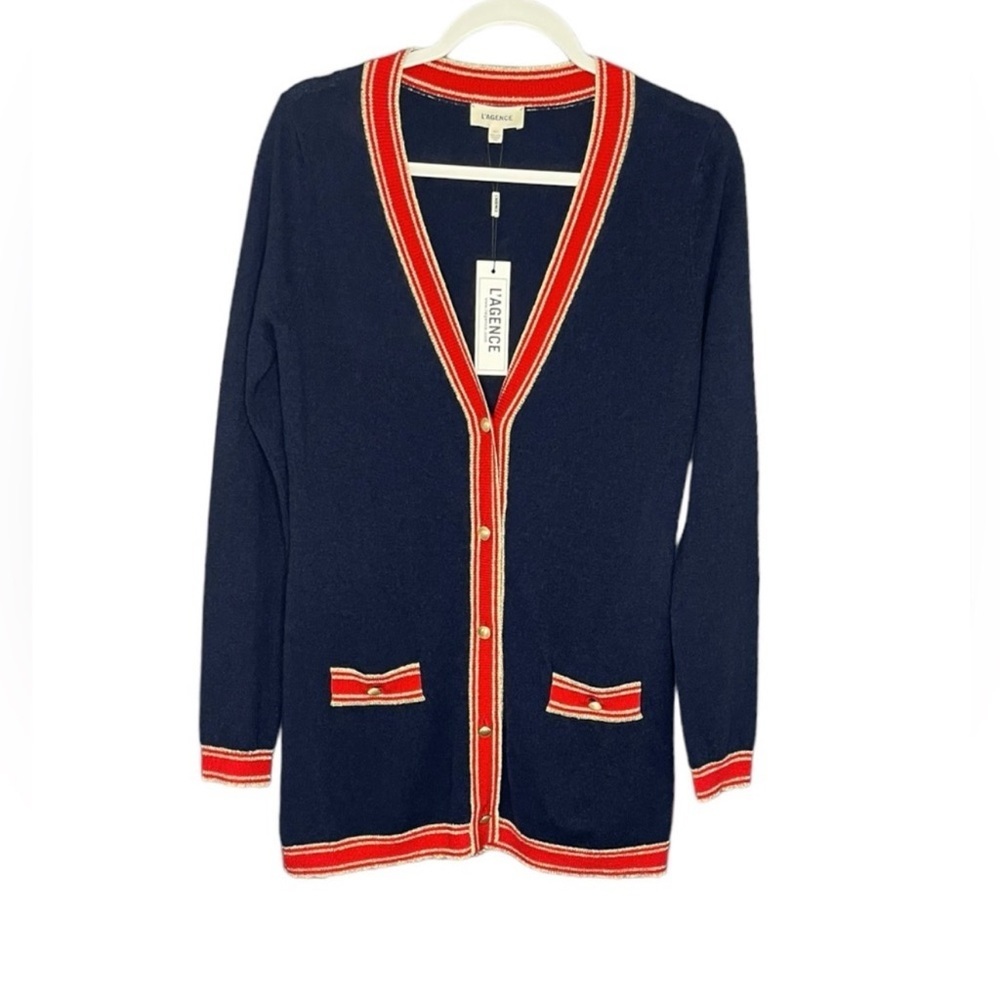 NWT L’Agence Wool Cashmere Ariel Navy Red Gold Cardigan Sparkle Metallic Holiday - Picture 5 of 13